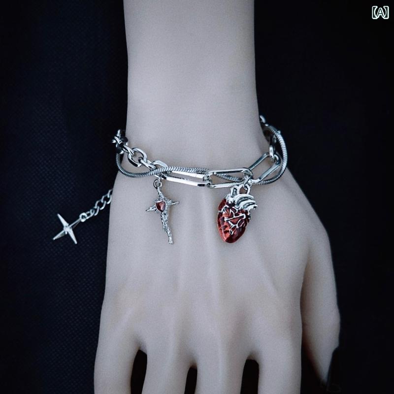 ブレスレット 二連 セット ハート 心臓 チャーム クロス 十字架 ヴァンパイア ペンダント シルバー チェーン サブカルチャー Y2K 銀 クール レディース...