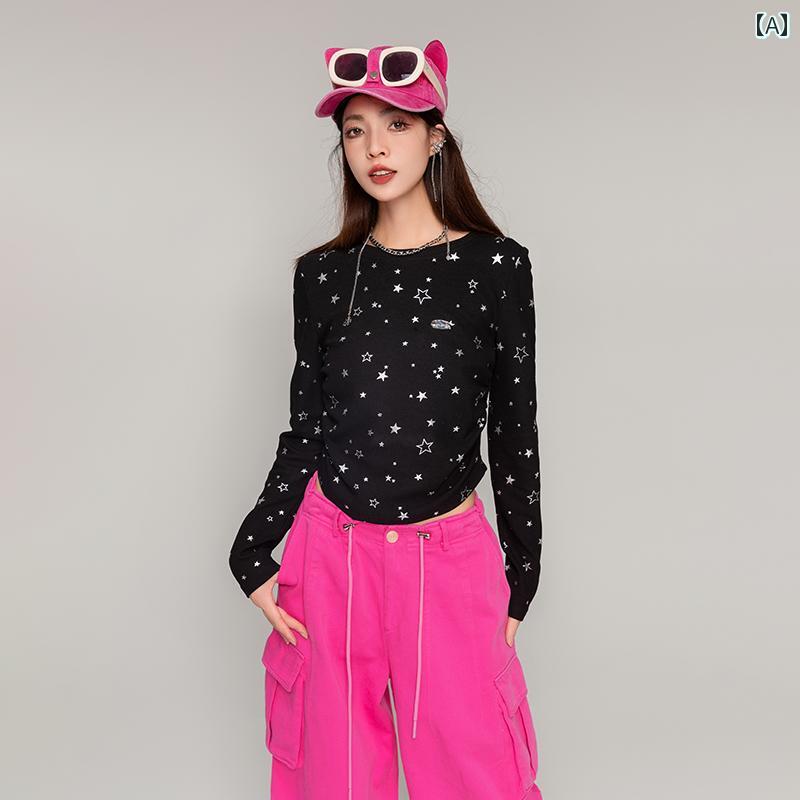 女の子 ファッション 黒 シンプル スリムフィット 長袖 レディース 秋 ラウンドネック シャツ カジュアル 星モチーフ