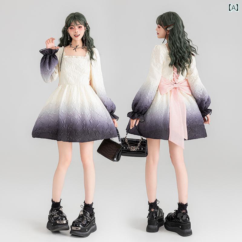 グラデーション ワンピース 秋 バックリボン ピンク 長袖 ショートスカート レディース ファッション