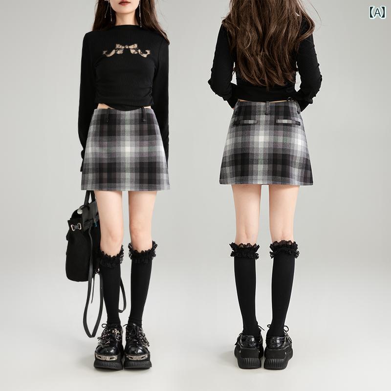 チェック Aライン スカート 秋冬 レトロ ハイウエスト ショート丈 白 黒 レディース ティーン向き カジュアル
