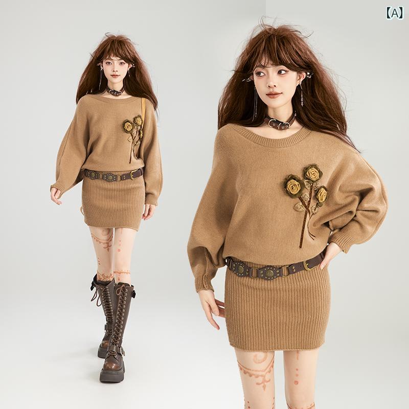 レディース ファッション セーター スカート 秋冬 フレンチ レトロ スリムフィット ニットワンピ 厚手 長袖 ショート丈 フリーサイズ 花柄