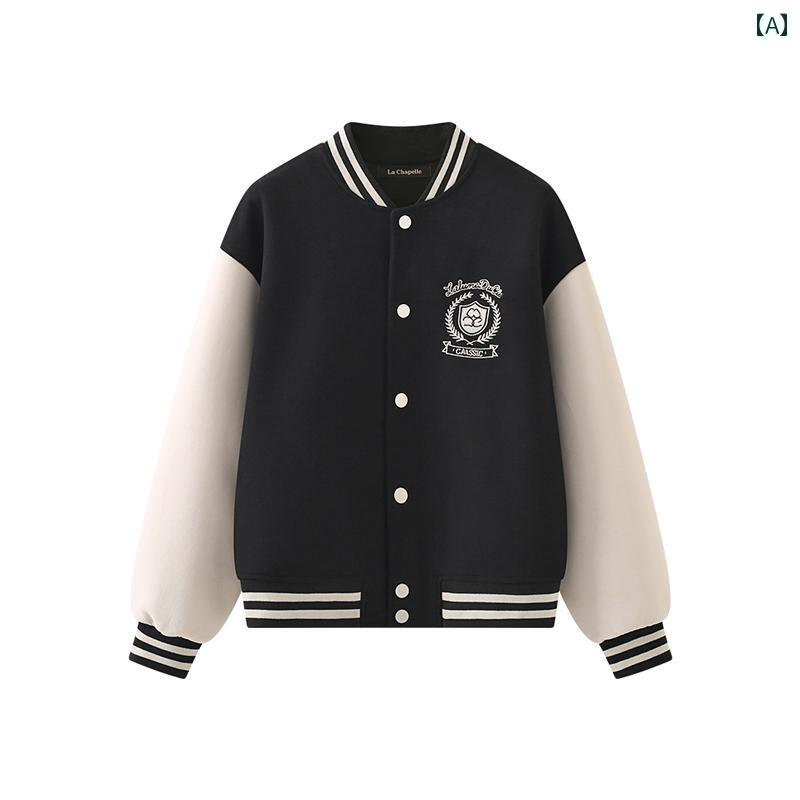 レディース ファッション アウター ジャケット 秋 カレッジ カラー ブロック 刺繍 野球 ジャケット カジュアル ショート トップ