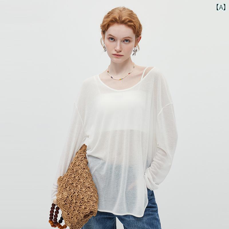 Garments - レディース ファッション トップス シャツ 秋 ラウンドネック 無地 長袖 Tシャツ カジュアル シンプル 日焼け防止 Tシャツ