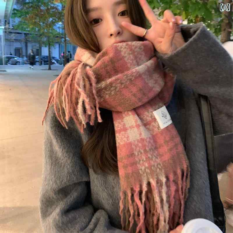 マフラー ファッション アクセサリー 秋冬 レディース 韓国 ローズピンク チェック 暖かい タッセル シ..