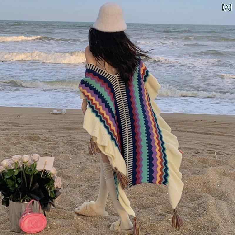 レディース ショール 大判 フリル タッセル ポンチョ民族 エスニック伝統プリント 長方形133*88cm 春秋夏 ストール マント エキゾチック エレガント おしゃれ リゾート