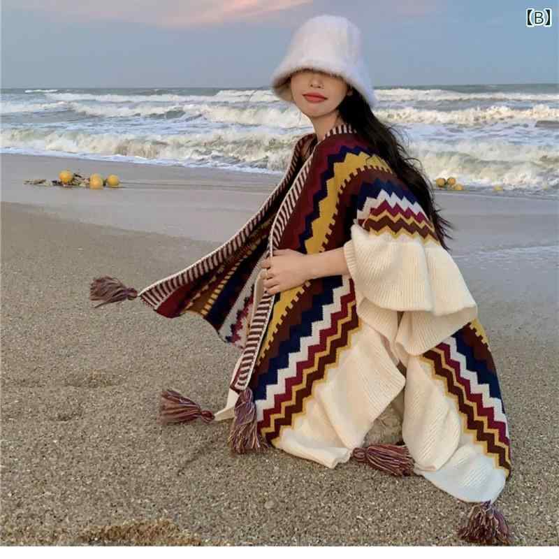 レディース ショール 大判 フリル タッセル ポンチョ民族 エスニック伝統プリント 長方形133*88cm 春秋夏 ストール マント エキゾチック エレガント おしゃれ リゾート