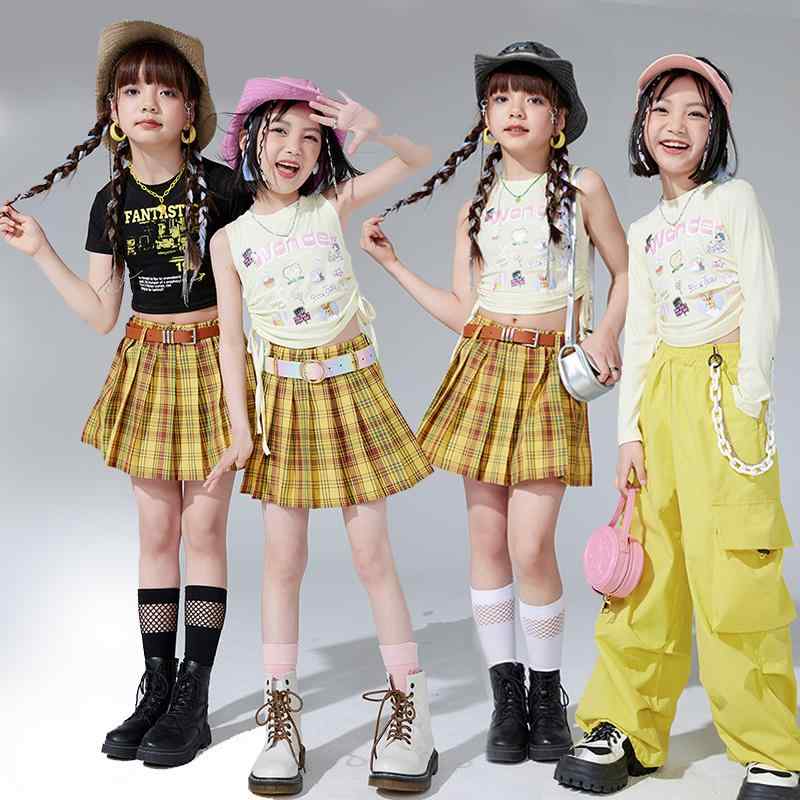 子供服 女の子 Tシャツ へそ出し パンツ ミニスカート コスチューム バンド ダンス ヒップホップ ストリート系 パフォーマンス 衣装 クール かっこいい キッズ
