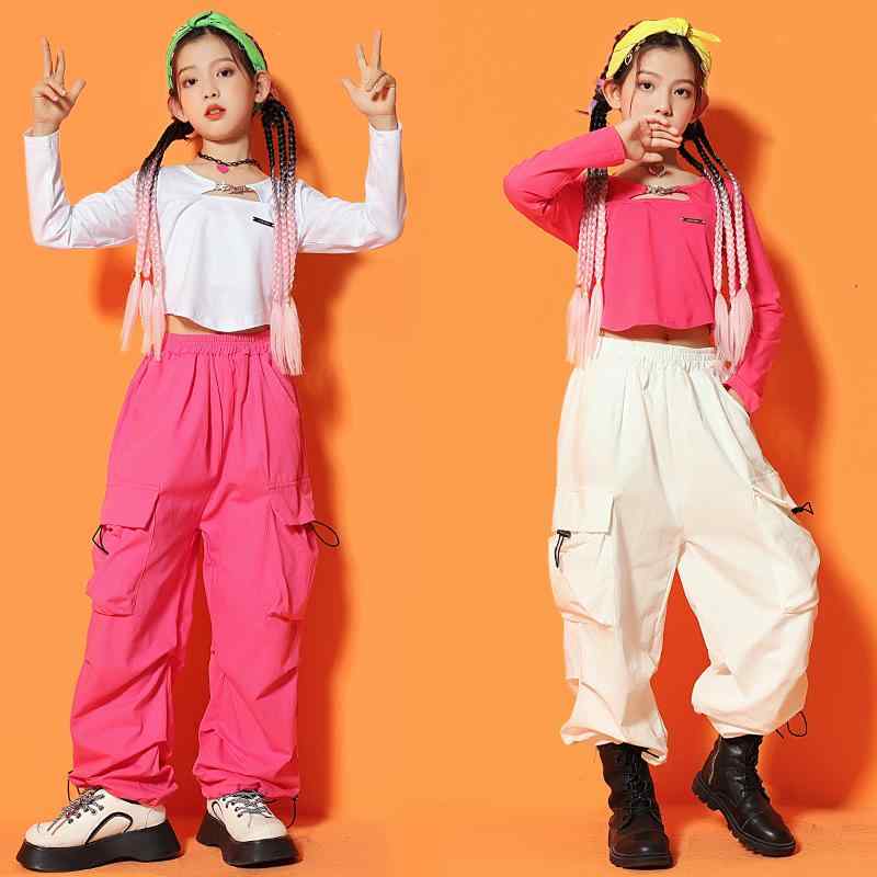 Other - 子供服 女の子 Tシャツ へそ出し パンツ コスチューム バンド ダンス ヒップホップ ストリート系 パフォーマンス 衣装 クール かっこいい キッズ