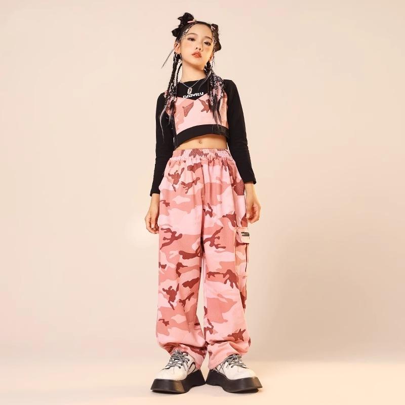 子供服 女の子 Tシャツ へそ出し ベスト 迷彩パンツ コスチューム バンド ダンス ヒップホップ ストリート系 パフォーマンス 衣装 クール かっこいい キッズ