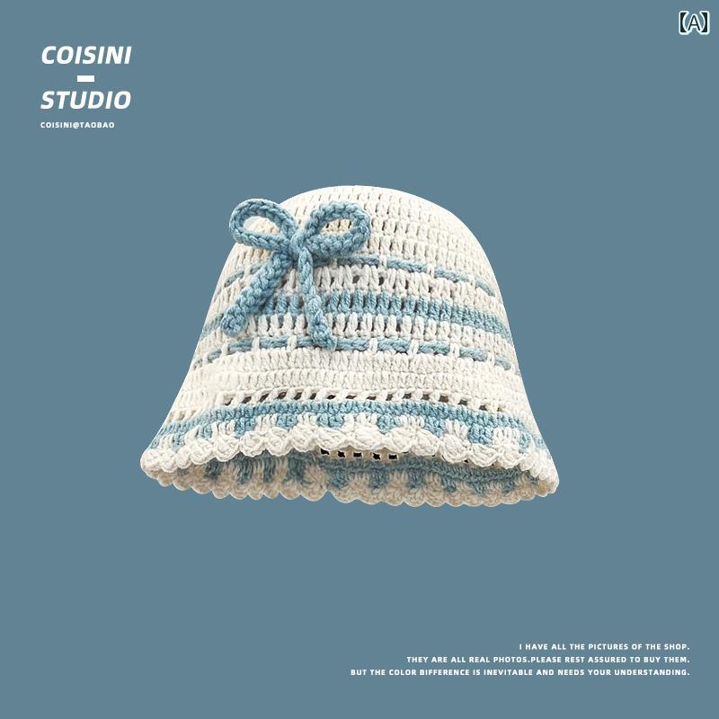 Knit Hat - バケットハット 帽子 ウール おしゃれ ファッション レディース 韓国 ストライプ リボン レディース 小顔効果 かわいい フリーサイズ カジュアル