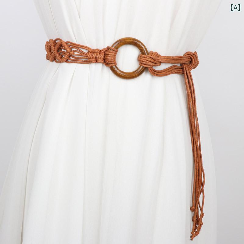 編み込みベルト リゾートテイスト 春夏 エスニック 木 バックル ウエストマーク 手織り ボヘミアン アクセント アクセサリー アップ効果 おしゃれ かわいい 快適アイテム