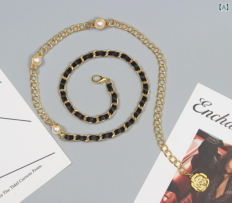 アクセサリー チェーン ベルト 装飾 レディース ゴールド シルバー エレガント 花 パール ドレス おしゃれ かわいい アクセント ゴールド ブラック