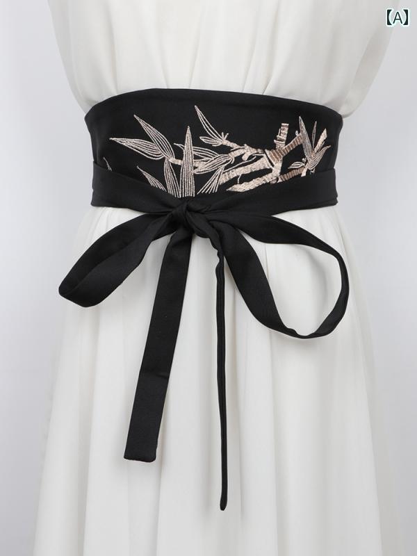 ワイドベルト 和風 漢服 ファッション小物 竹 刺繍 ブラック リボン ウエスト アクセサリー アクセント 帯ベルト 豪華感 おしゃれ 衣装 イベント 撮影 快適アイテム