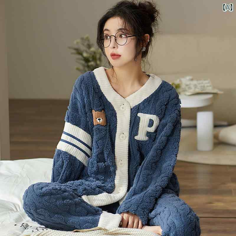 ナイトウェア 秋冬 レディース コーラル 起毛 パジャマ 厚手 フランネル ボタン 長袖 ホームウェア セ..