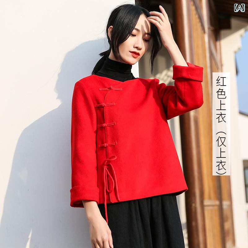 Women's Red Chinese Tang Suit Fashion Hanbok Autumn/Winter Retro Chinese Style Tee Meditation Dress Long Sleeve