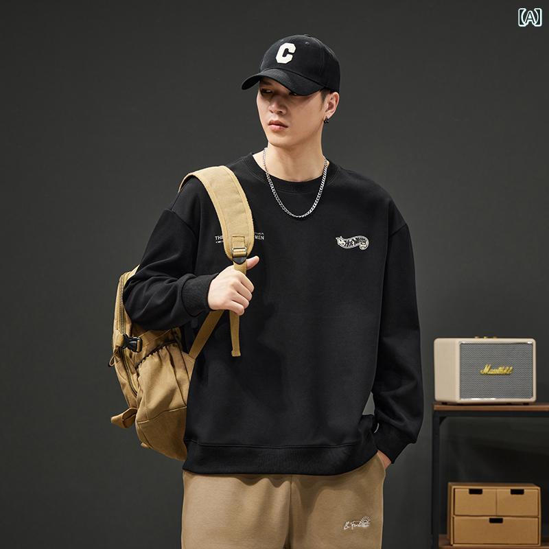 メンズ カジュアル 春秋冬 トレーナー メンズ 刺繍 スウェットシャツ ラウンドネック トップス 長袖 シャツ シンプル