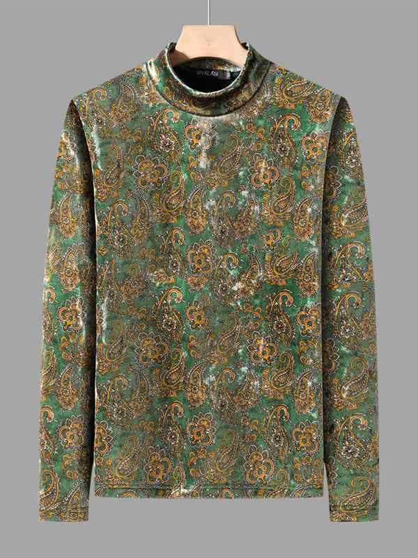 ロンT 柄シャツ トップス メンズ おしゃれ着 長袖 Tシャツ カシュー プリント 冬 裏起毛 インナー ハイネック ゴールド 起毛 暖かい