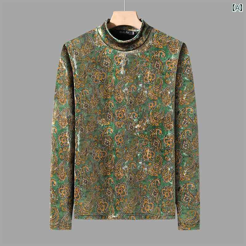 ロンT 柄シャツ トップス メンズ おしゃれ着 長袖 Tシャツ カシュー プリント 冬 裏起毛 インナー ハイネック ゴールド 起毛 暖かい