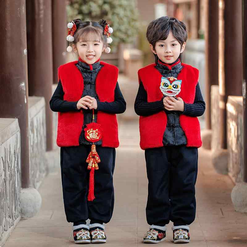 子供服 キッズ ファッション 冬 男の子 女の子 コットン ベスト チャイナ風 漢服 正月 お祝い アンティーク