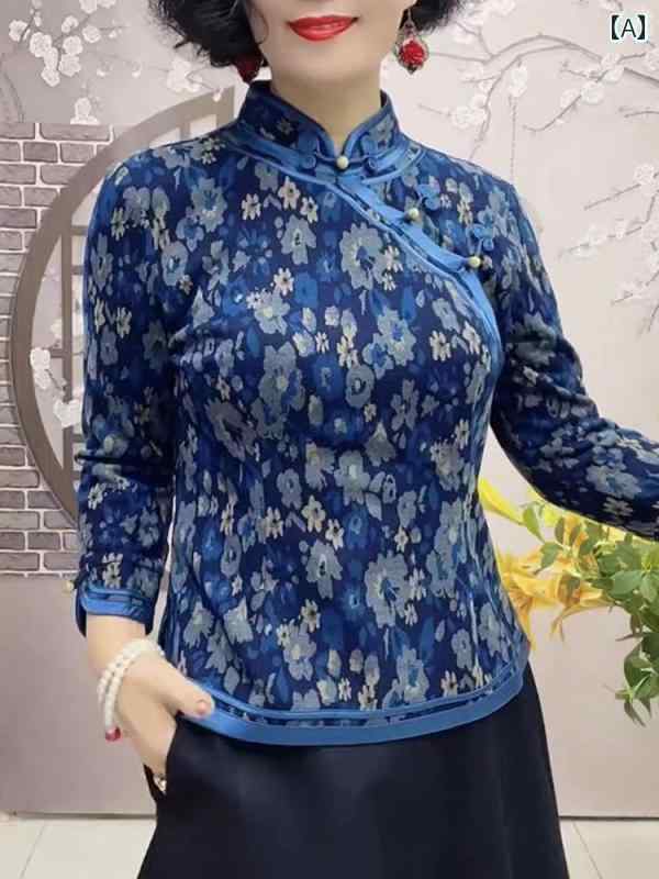 Long-Sleeved - 婦人服 レディース 秋冬 シャツ 長袖 綿 レトロ チャイナ風 トップス レディース エスニック Vネック