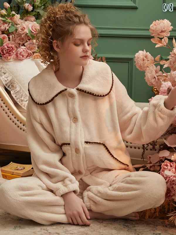 Chenxi 秋冬 コーラル 起毛の レディース ホーム 服 長袖 大きめ 起毛 屋外 着 かわいい 甘くて 暖かい パジャマ(4.0)