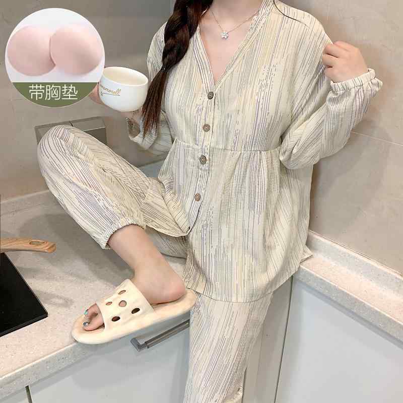 パジャマ レディース 春秋 綿 長袖 胸パッド かわいい プリンセス 屋外着 可能 秋冬 ホーム 服 スーツ 夏 Vネック ナイトウェア ルームウェア