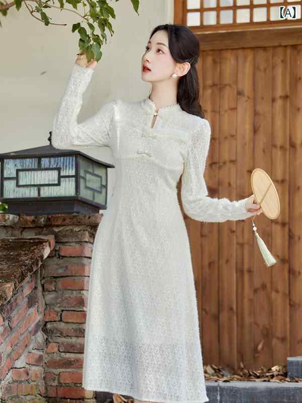 レディース チャイナ ドレス レトロ シフォン スタンドカラー ハイウエスト プルオーバー 秋冬 Aライン スカート