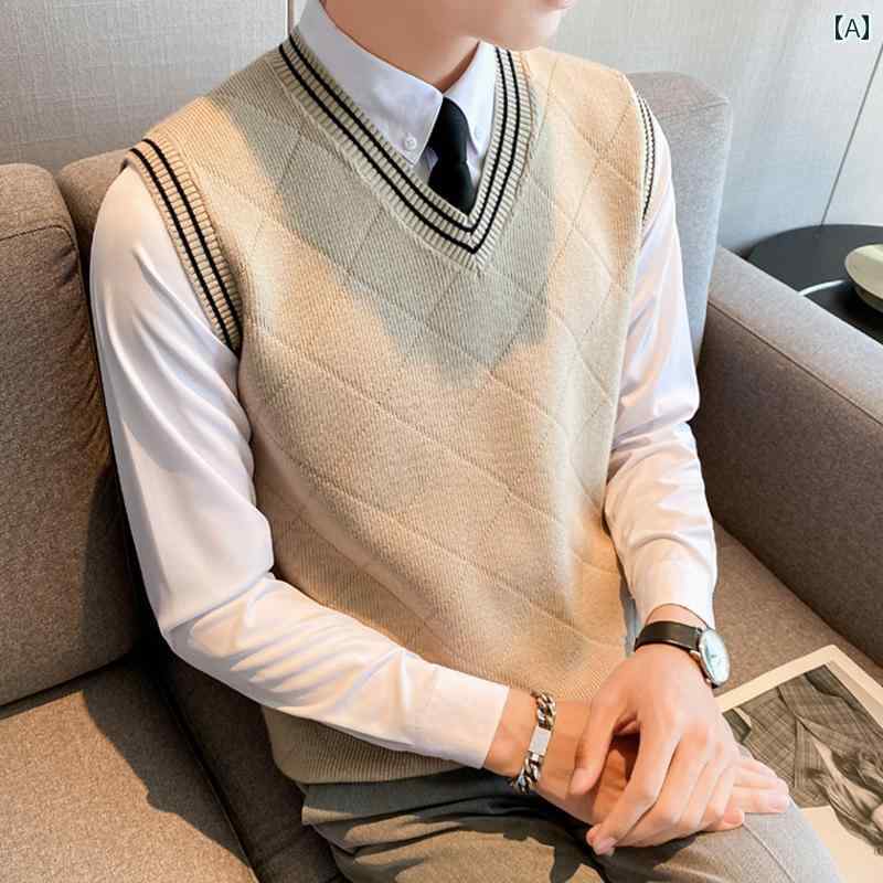 秋冬 メンズ ファッション Vネック プルオーバー アプリコット ブラック グレー 英国風 ウール ベスト ..
