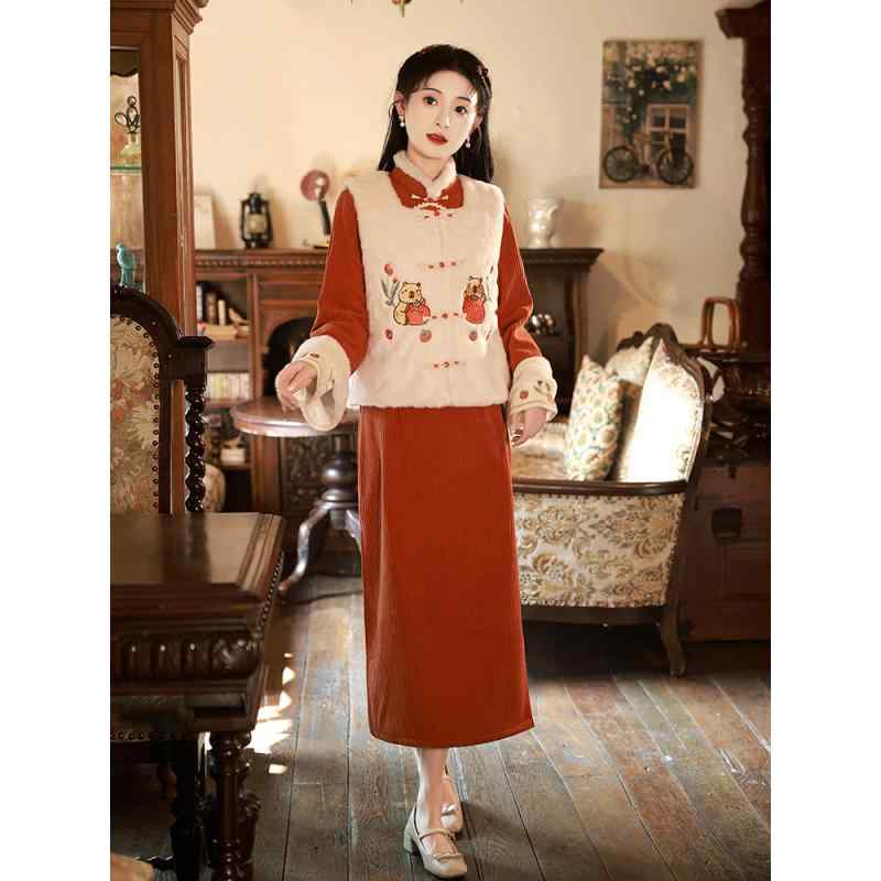 チャイナ ドレス レディース ワンピース ドレス レトロ 中国 チャイナドレス ベスト ジレ 冬 厚手