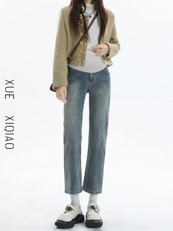 マタニティパンツ 春秋冬 ストレート ジーンズ 起毛 厚手 暖かい レギンス 妊婦 腹部サポート デニム ..