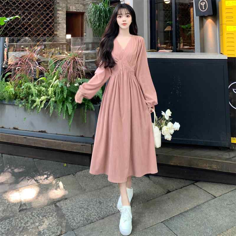レディース 大きいサイズ 秋冬 長袖 Vネック ドレス フェアリー 初恋 ベース Aライン ロングスカート ハイウエスト パフスリーブ