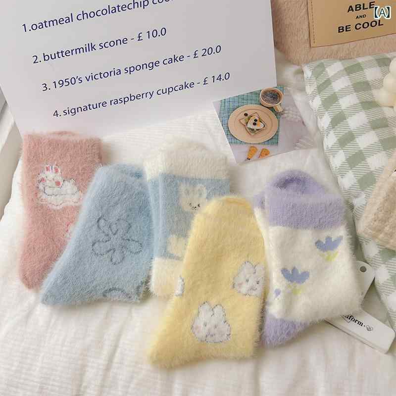 レディース 靴下 かわいい ウサギ 起毛 ミドルカーフ ソックス 秋冬 厚手 暖かい ...