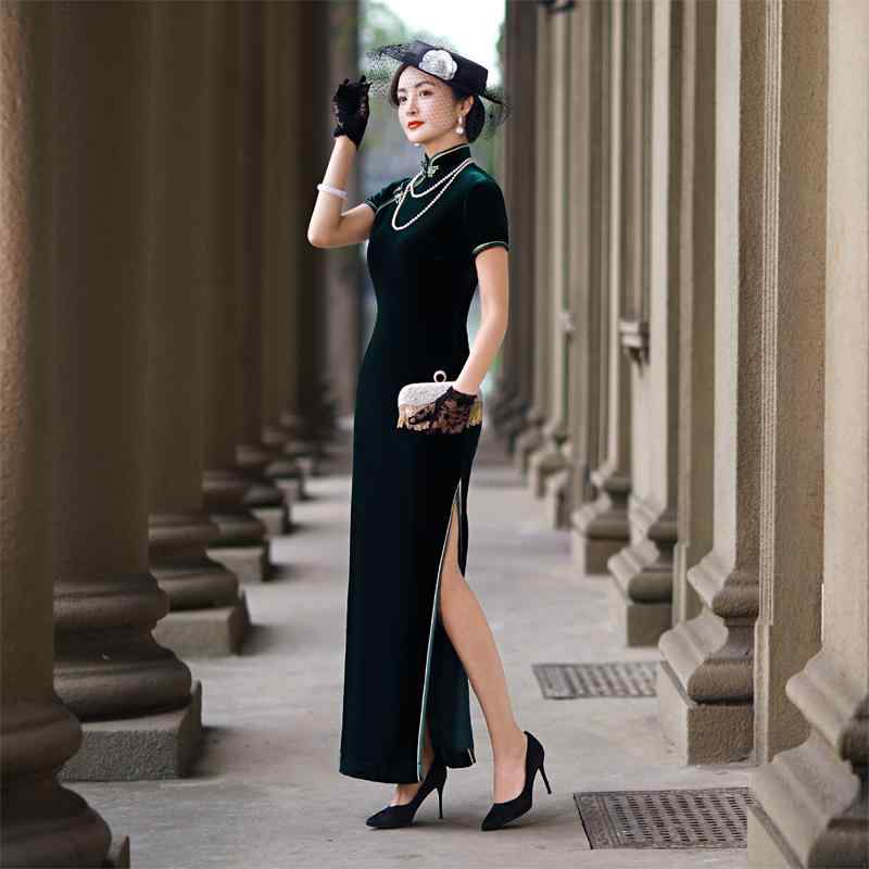 秋冬 起毛 丈 ソリッドカラー 結婚式 デイリー チャイナドレス ベース