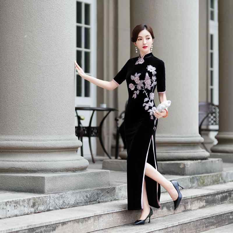 秋冬 チャイナ風 起毛 立体 刺繍 ロング パフォーマンス パーティー チャイナドレス レトロ レディース