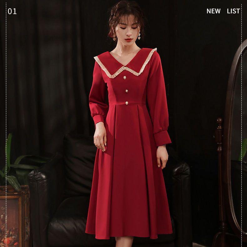 Rakuten - ドレス レディース 祝賀会 服 花嫁 通常 秋冬 大きめサイズ ぽっちゃり 小さめ 人々 婚約 赤 小さめ ドレス レディース エレガント ワインレッド ミモレ丈