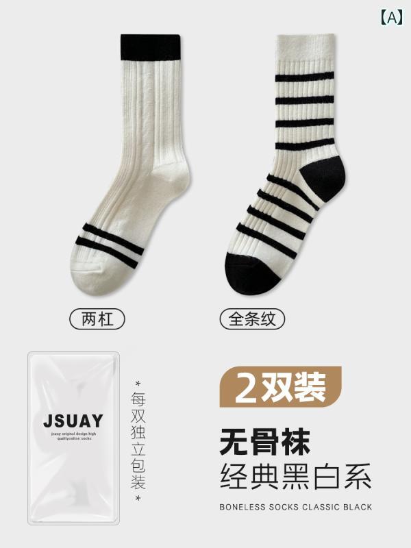 秋冬 レディース 黒 ソックス ミドル ふくらぎ ソックス 綿 ストライプ パイルソッ...