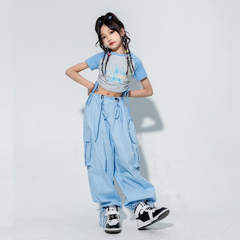 キッズ 子供服 ダンス 衣装セット 半袖 お腹見せ ブルー 韓国 かわいい おしゃれ イベント フェス レジ..
