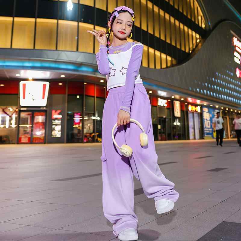 キッズ 子供服 ダンス 衣装セット パープル 長袖 お腹見せ 韓国 おしゃれ かわいい ヒップホップ イベ..