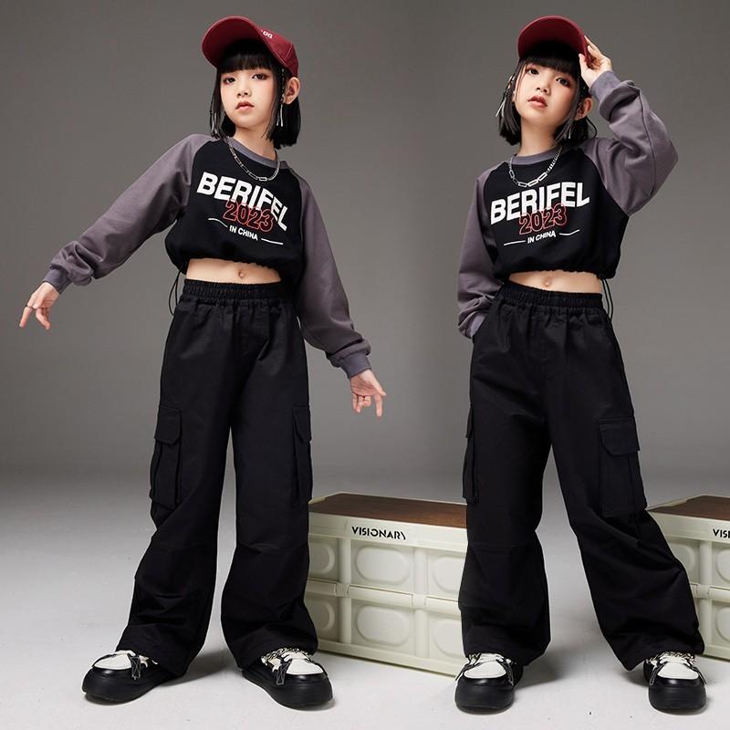 Top & Bottom Sets - キッズ 子供服 ダンス 衣装 セット 長袖 秋 ヒップホップ ストリート ステージ パフォーマンス ブラックファッション イベント フェス レジャー 普段使い使い 韓国 おしゃれ かわいい