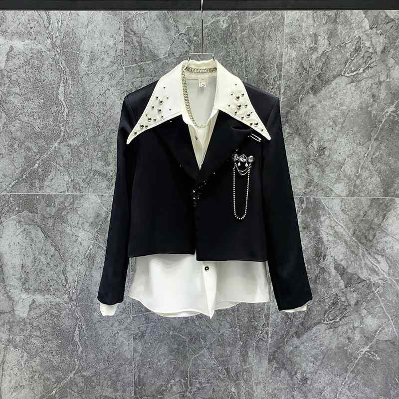 楽天セキュアデポ韓国 メンズ ファッション 刺繍 スパンコール キラキラ ピン スタイリッシュ ショート ジャケット アウターウェア スーツ襟 シングルブレスト 春秋 長袖 カジュアル 個性 おしゃれ