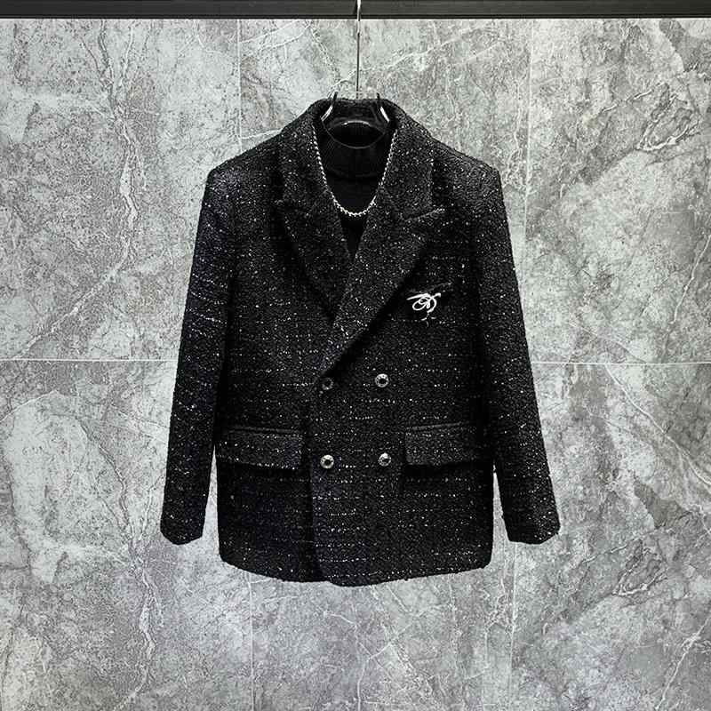秋冬 ツイード スパンコール キラキラ エレガント ジャケット ダブルブレスト メンズ アウターウェア ファッション 厚手 長袖 ダブルブレスト フラット襟 バックスリットし カジュアル
