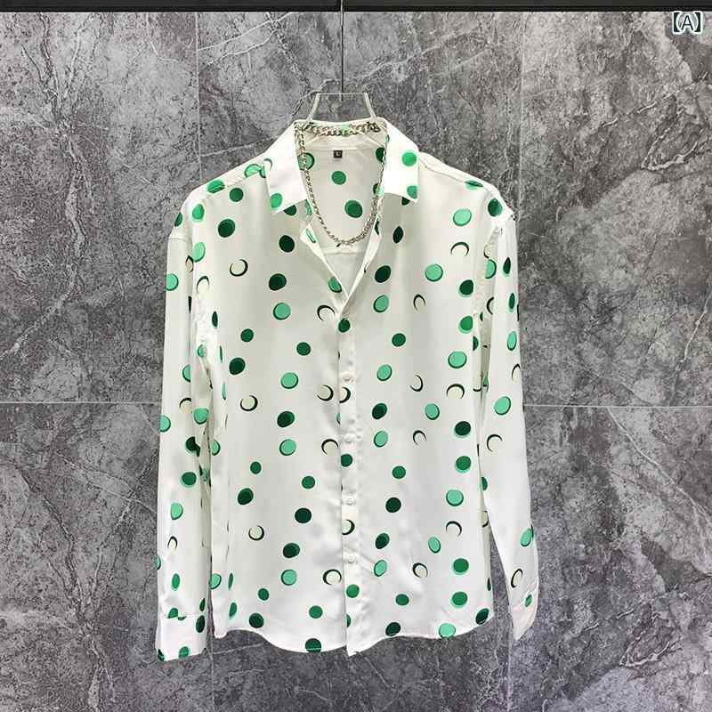 春秋 プリント 長袖 シャツ メンズ 韓国 ポインテッドカラー トップス ドット 薄手 ファッション カジ..