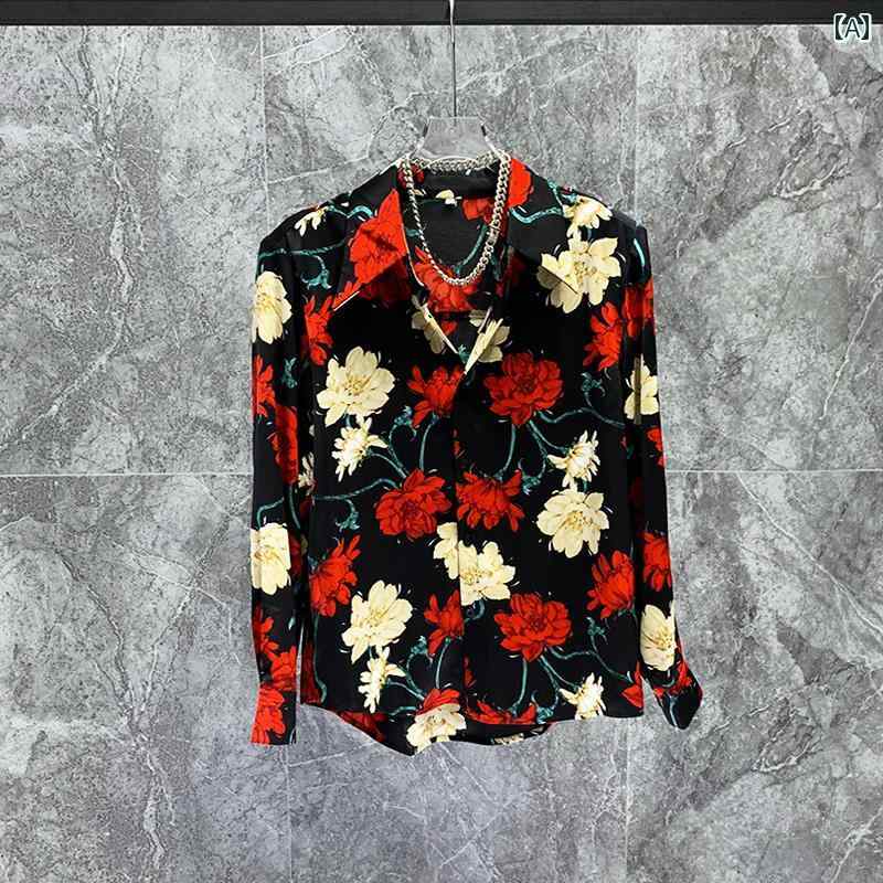 長袖シャツ 韓国 オールシーズン 薄手 花柄 メンズ ゆったり トップス ファッション ポインテッドカラー カジュアル 個性 おしゃれ