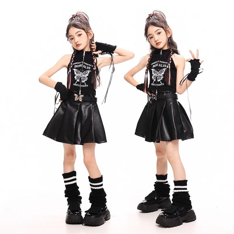 子供服 女の子 Tシャツ タンクトップ へそ出し ミニスカート コスチューム バンド ダンス ヒップホップ ストリート系 パフォーマンス 衣装 クール かっこいい キッズ