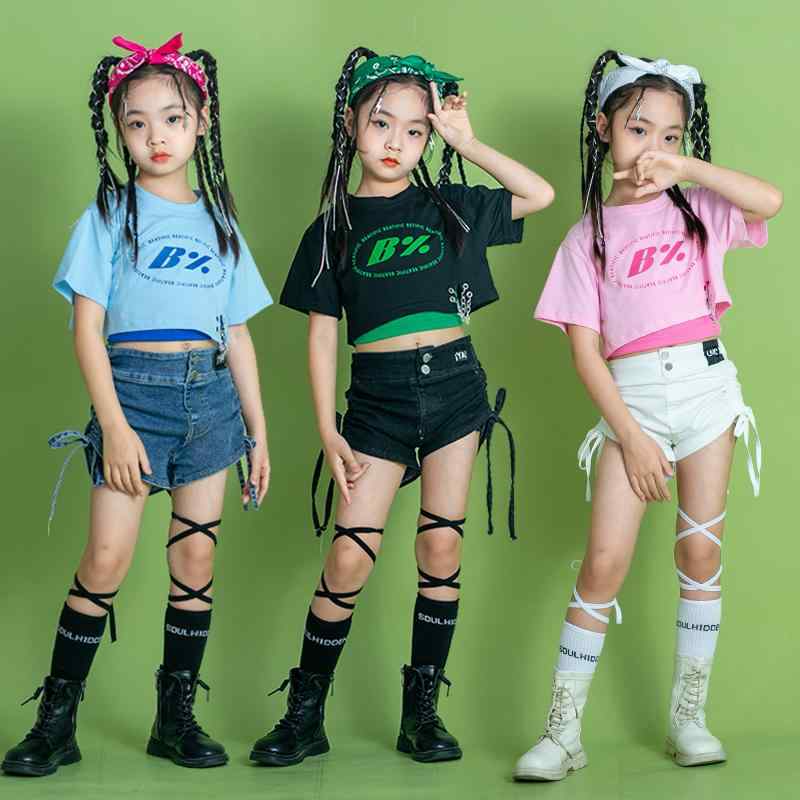 キッズ 子供服 ダンス 衣装 セット 半袖 お腹見せ デニム 韓国 女の子 かわいい ヒップホップ ストリート ステージ パフォーマンス イベント フェス レジャー スポーツ 体操 普段使い使い