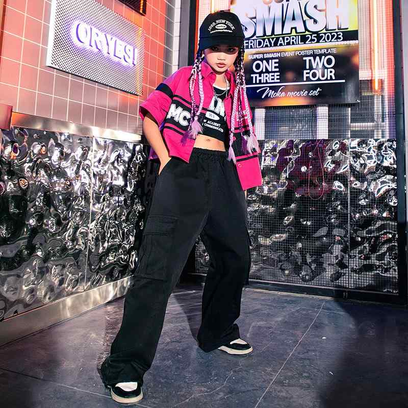 キッズ 子供服 ダンス 衣装 セット 半袖 韓国 ピンク かっこいい ヒップホップ ストリート ステージ パフォーマンス イベント フェス レジャー アウトドア スポーツ 普段使い使い