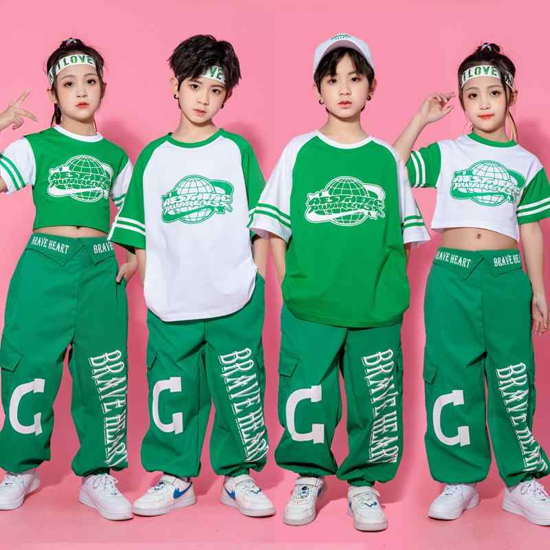 子供服 キッズ ダンス 衣装セット 半袖 グリーン 韓国 動きやい イベント フェス レジャー スポーツ ア..