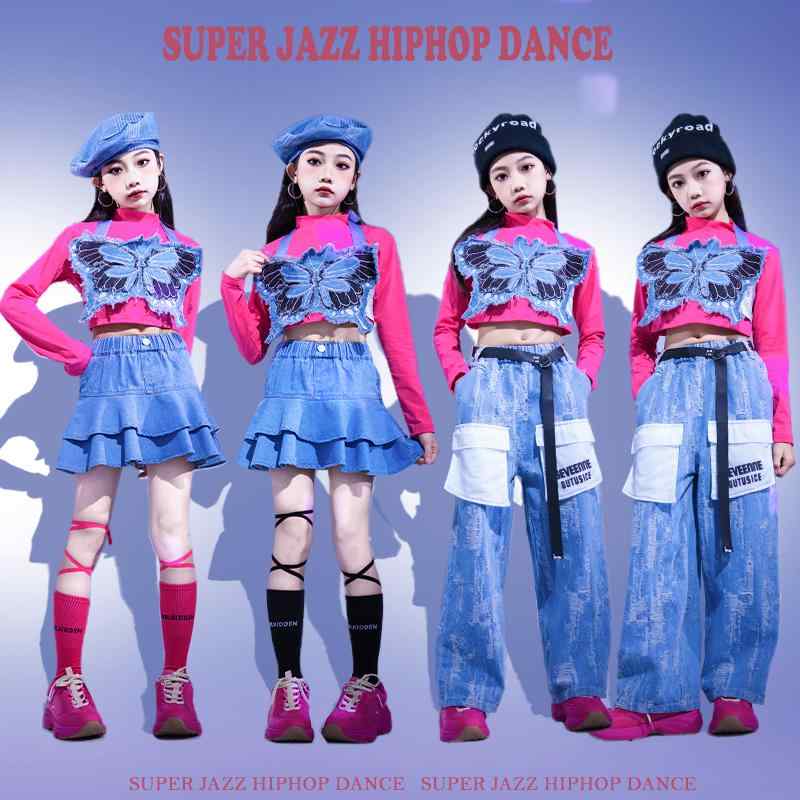 子供服 女の子 Tシャツ へそ出し ジーンズ デニムスカート コスチューム バンド ダンス ヒップホップ ストリート系 パフォーマンス 衣装 クール かっこいい キッズ