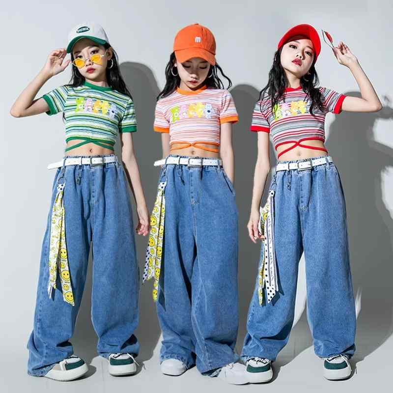 子供服 女の子 Tシャツ へそ出し ジーンズ 夏 コスチューム バンド ダンス ヒップホップ ストリート系 パフォーマンス 衣装 クール かっこいい キッズ