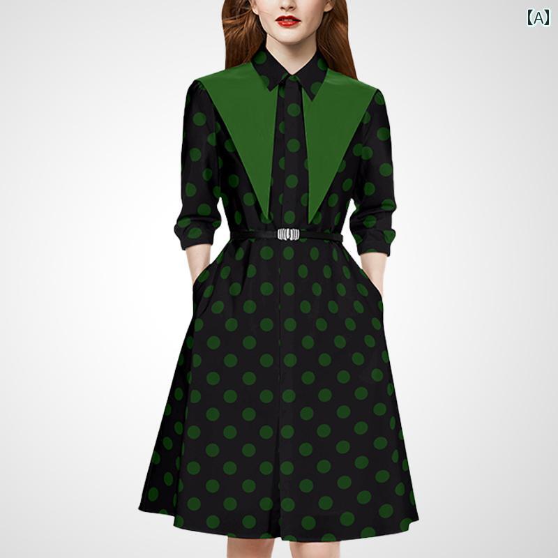 ワンピース レディース 夏秋 シャツ フレンチ ドレス グラデーション ドット柄 ヨット柄 無地 セミカジ..